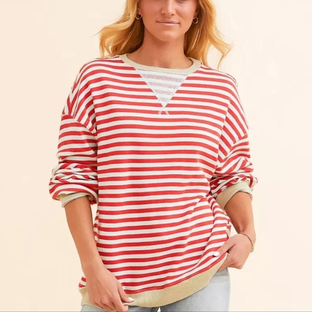 Free People We The Free Cherry Combo Striped Sweatshirt Red Pale Blue Xs